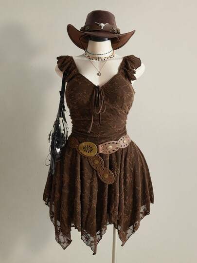 SHEIN ICON 大码不对称下摆蕾丝连衣裙，小喇叭袖，Y2K性感不对称下摆连衣裙，音乐节服装