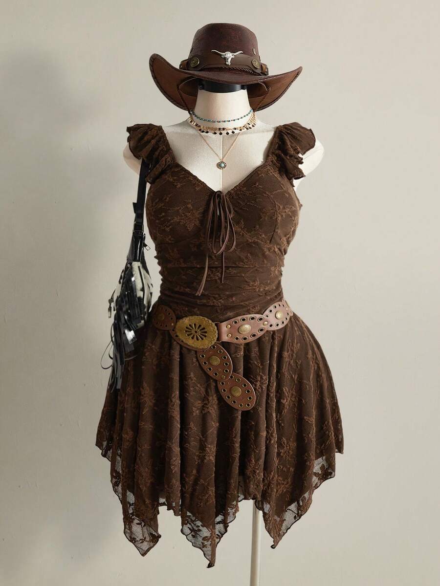 SHEIN ICON 大码不对称下摆蕾丝连衣裙，小喇叭袖，Y2K性感不对称下摆连衣裙，音乐节服装 - 棕色 - 查看 1