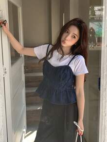 DAZY Women's Spaghetti Strap Denim Top With Ruffle Trim - Blue - View 6