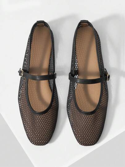 Mnmlis Fairy Style Flat Shoes, Summer Square Toe Shallow Mesh Breathable Soft Bottom Mary Jane Shoes For Women