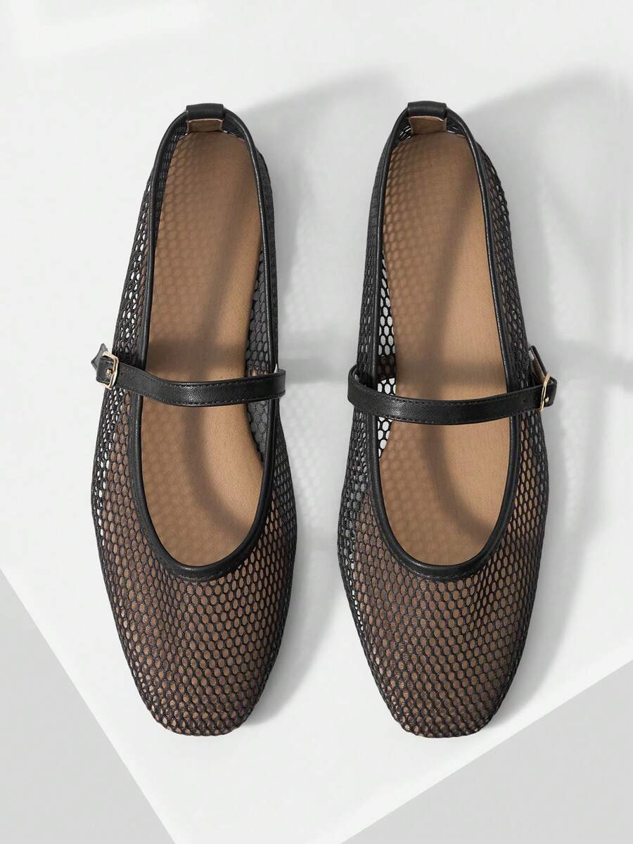 Mnmlis 仙女风平底鞋，夏季方头浅口网面透气软底玛丽珍鞋，女士款 - 棕色 - 查看 1