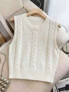 Franclia Fashionable Lazy 3D Twist Floral Pattern Cropped Sleeveless Knit Tank Top, Spring/Summer - White - View 7