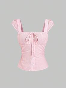 Sweetra Women's Sexy Square Neck Tie Bow Ruched Waist Fitted Elegant Versatile Blouse For Daily Wear, Spring/Summer - Pink - View 1