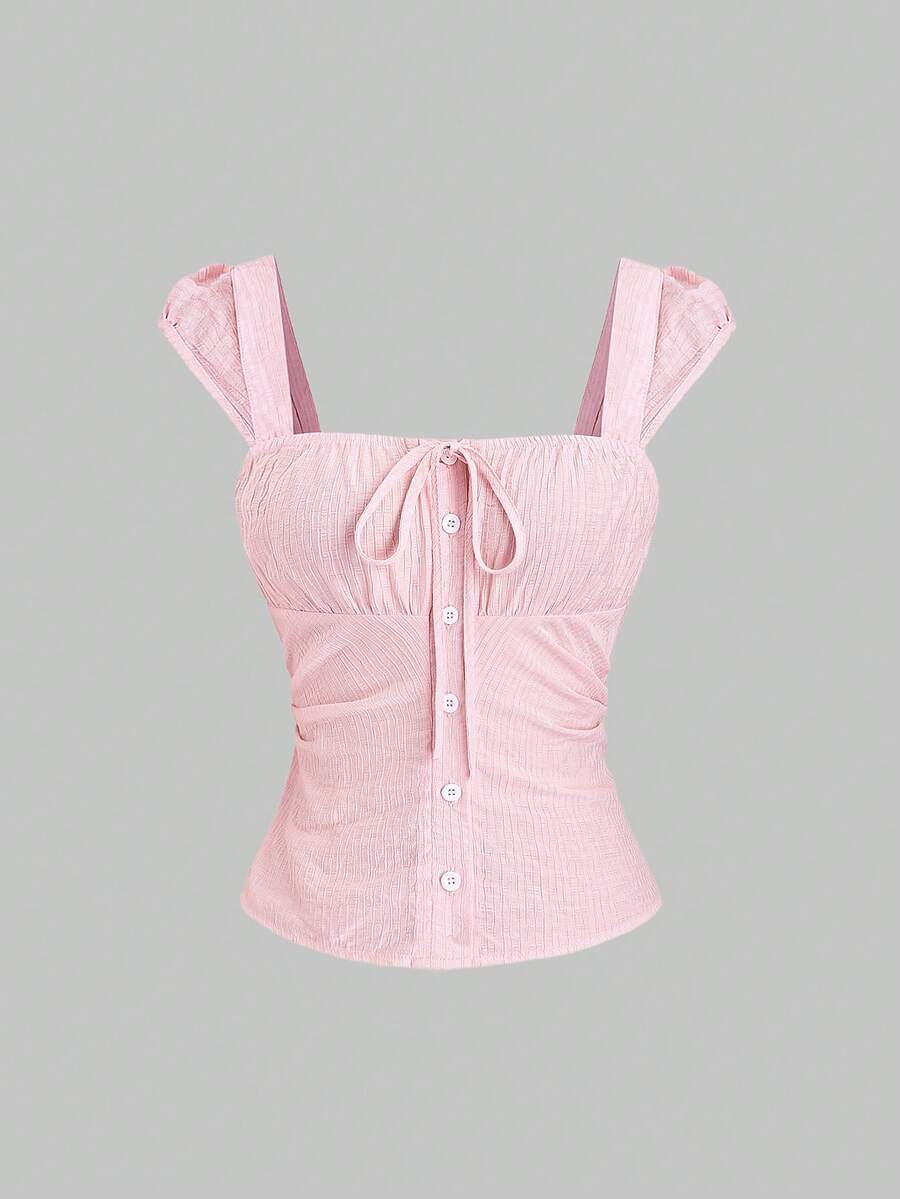Sweetra Women's Sexy Square Neck Tie Bow Ruched Waist Fitted Elegant Versatile Blouse For Daily Wear, Spring/Summer - Pink - View 1