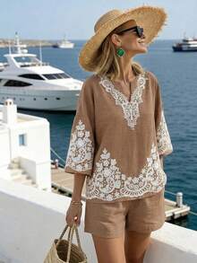 Breezaya Summer Bohemian Beach Vacation Lace Trim Casual Elegant 2 Pieces Set For Women - Khaki - View 4