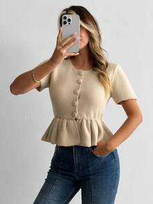 SHEIN Mirror Embellished Knit Vest Deep V With Tie Front - Apricot - View 5