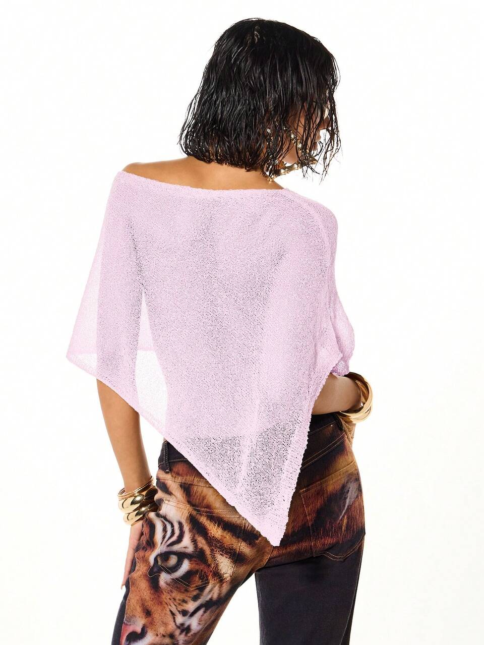 SUMWON WOMEN Women's Sequin Crochet Knit Asymmetric Shawl Top Off Shoulder Lightweight Fashion Top