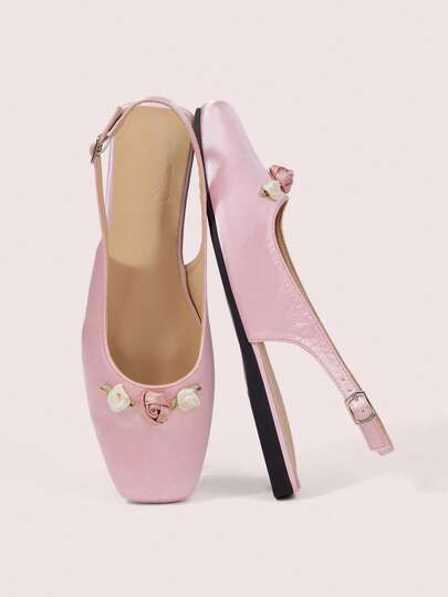 CUCCOO DOLLMOD Pink Satin Three-Dimensional Flower Decoration Slingback Square Toe Rear Strap Flat Mary Jane Flats