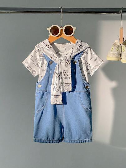 SHEIN Playful Pals 3pcs/Set Baby Boy Casual Versatile Comfortable Shawl Collar, Striped Short Sleeve T-Shirt And Adjustable Denim Bib Pants, Suitable For Commuting, School, Vacation, Sports, Spring/Summer, 6M-3T, Children Clothing, Infant Clothing, Toddler T-Shirt, Toddler Overalls