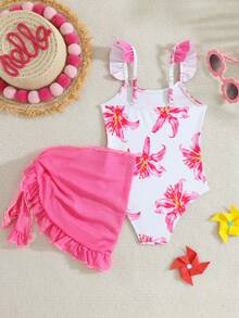 SHEIN 少女碎花印花荷叶袖连体泳衣和迷你裙，适合海滩度假、泳池派对、沙滩派对 - 白色 - 查看 3