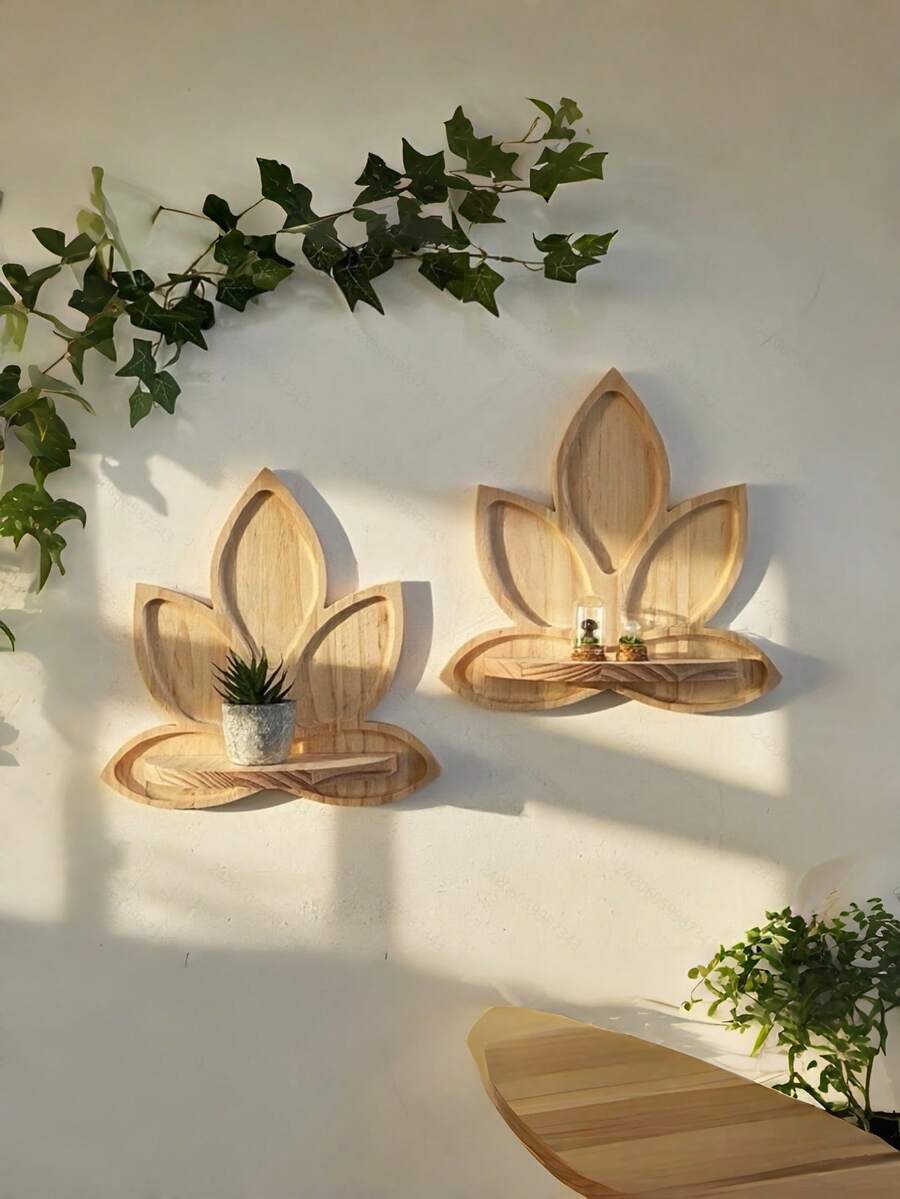 1/2 Pieces Natural Wooden Lotus Wall Rack - Bohemian Zen Floating Rack, Arc-Shaped Leaf Design, Pine Wood Material, Simple Wall-Mounted Storage Rack, Suitable For Living Room, Bedroom, Bathroom, Meditation Space - Space-Saving Decorative Storage Rack (Easy To Install) - Brown - View 1
