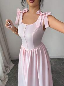 Selianne Women's Elegant Light Pink Summer Tea Party Long Dress,Square Collar Bowknot Shoulder Straps,Single-Breasted Flared Hem Vintage Wedding Guest Dress - Pink - View 3