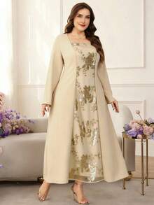 Modelyn Plus Size Elegant Women's Long Sleeve Patchwork Beaded Embroidered Dress - Apricot - View 4
