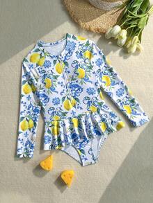 SHEIN Tween Girl Fruit Print One-Piece Swimsuit With Zipper, Suitable For Swimming, Vacation, Summer - Multicolor - View 1