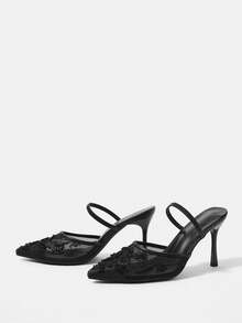 CUCCOO HITCHD 女士时尚优雅通勤网纱刺绣串珠尖头细高跟鞋 - 黑色1 - 查看 3