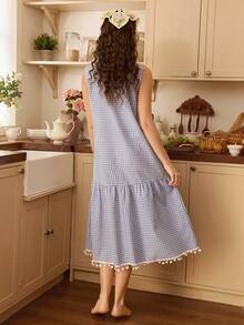 Tulorae Women's Fresh & Cute Plaid Tassel Trim Nightgown - Blue - View 7