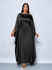SOLERSUN Robe élégante et pour femmes, de couleur unie, avec col asymétrique, manches chauve-souris fluides et taille marquée. Idéale pour les mariages et les occasions formelles - Noir - Voir 4