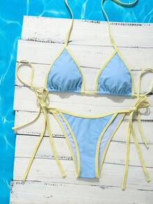 Swim Vcay 女士夏季沙滩撞色吊带系带性感比基尼和三角泳裤套装 - 彩色 - 查看 2