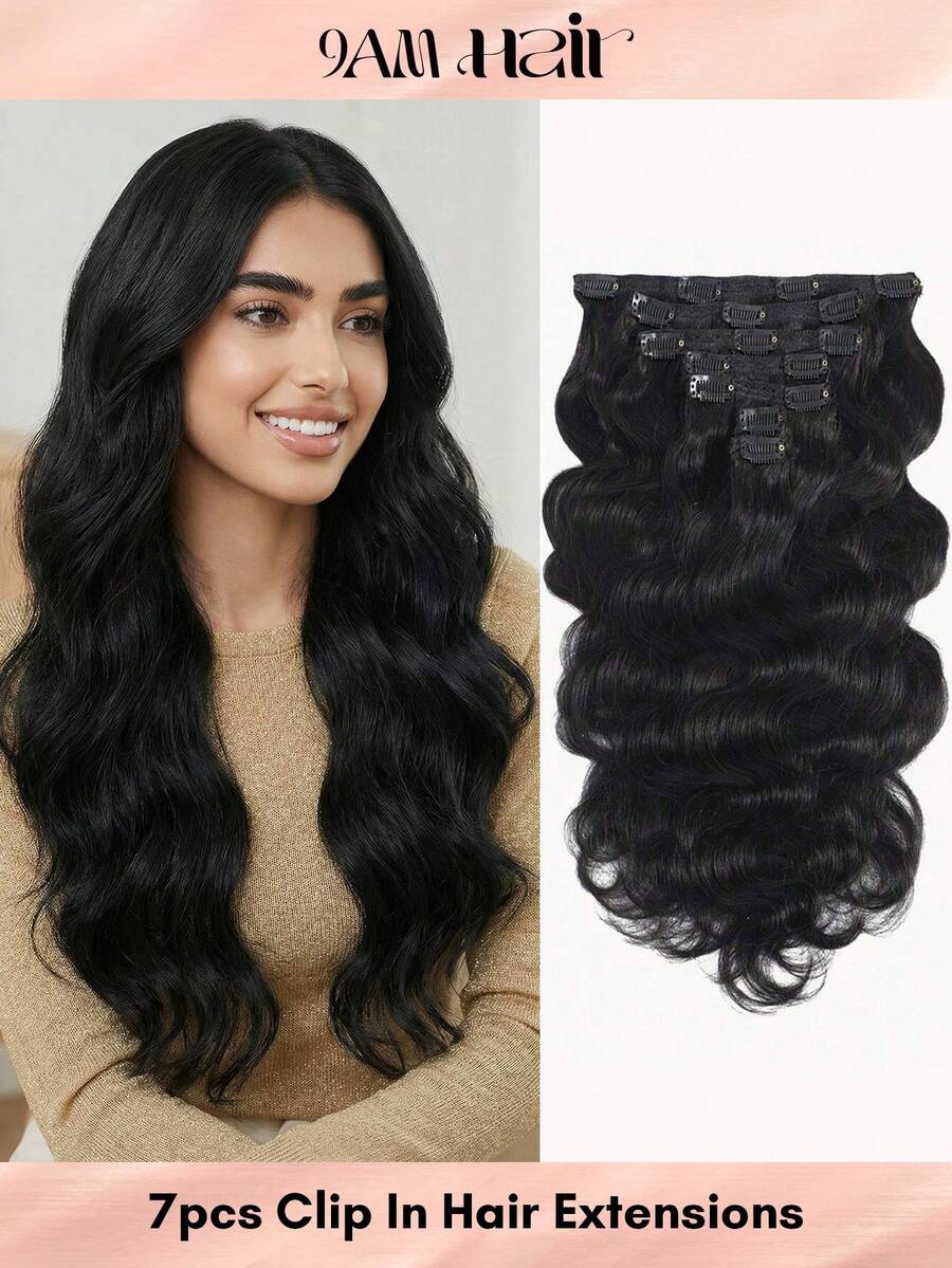 Body Wave Clip In Hair Extensions Real Human Hair 7Pcs Natural Black Hair Extensions Clip In Wavy Hair Extensions For Women Clip Ins Hair Extension - Natural Black - View 1