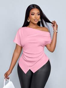 SOLERSUN Women's Elegant Asymmetric Neckline Ruched Asymmetric Hem T-Shirt - Baby Pink - View 4