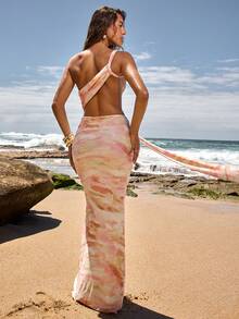 SHEIN BAE 优雅性感无袖连衣裙，网纱印花，适合海滩度假、姐妹出游、休闲外出、浪漫约会、度假、音乐节等场合，也可作为抹胸连衣裙穿着，性感长裙，黄粉色连衣裙 - 黃色 - 查看 2