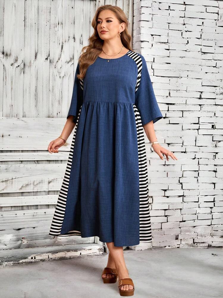 Plus Size Striped Patchwork Contrast Color Blue Dress Plus Casual Dress Curve Casual  Dress Plus Size Curve Dresses Plus Size Dress