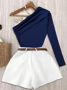 Airaco Bộ 2 món áo cổ lệch màu trơn thời trang nữ và quần short - Màu xanh lam - Xem 2