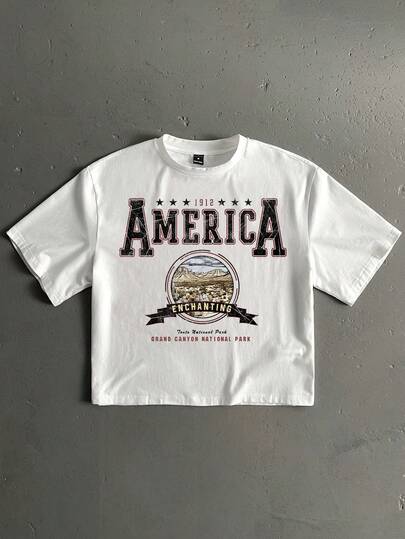 StoneGrade Retro American College Style Typography Graphic Print White Cropped Loose Fit Short Sleeve T-Shirt, Outfit Essential For Dates And Gatherings, Suitable Gift For Boyfriend