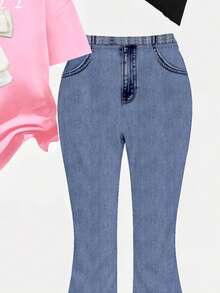 Spring And Summer Young Girl Casual Fashion Creative Personalized Refreshing Minimalist White Bow Denim-Effect Letter Graphic Print Tee And Flare Pants Set, Comfortable Daily Wear - Multicolor - View 4