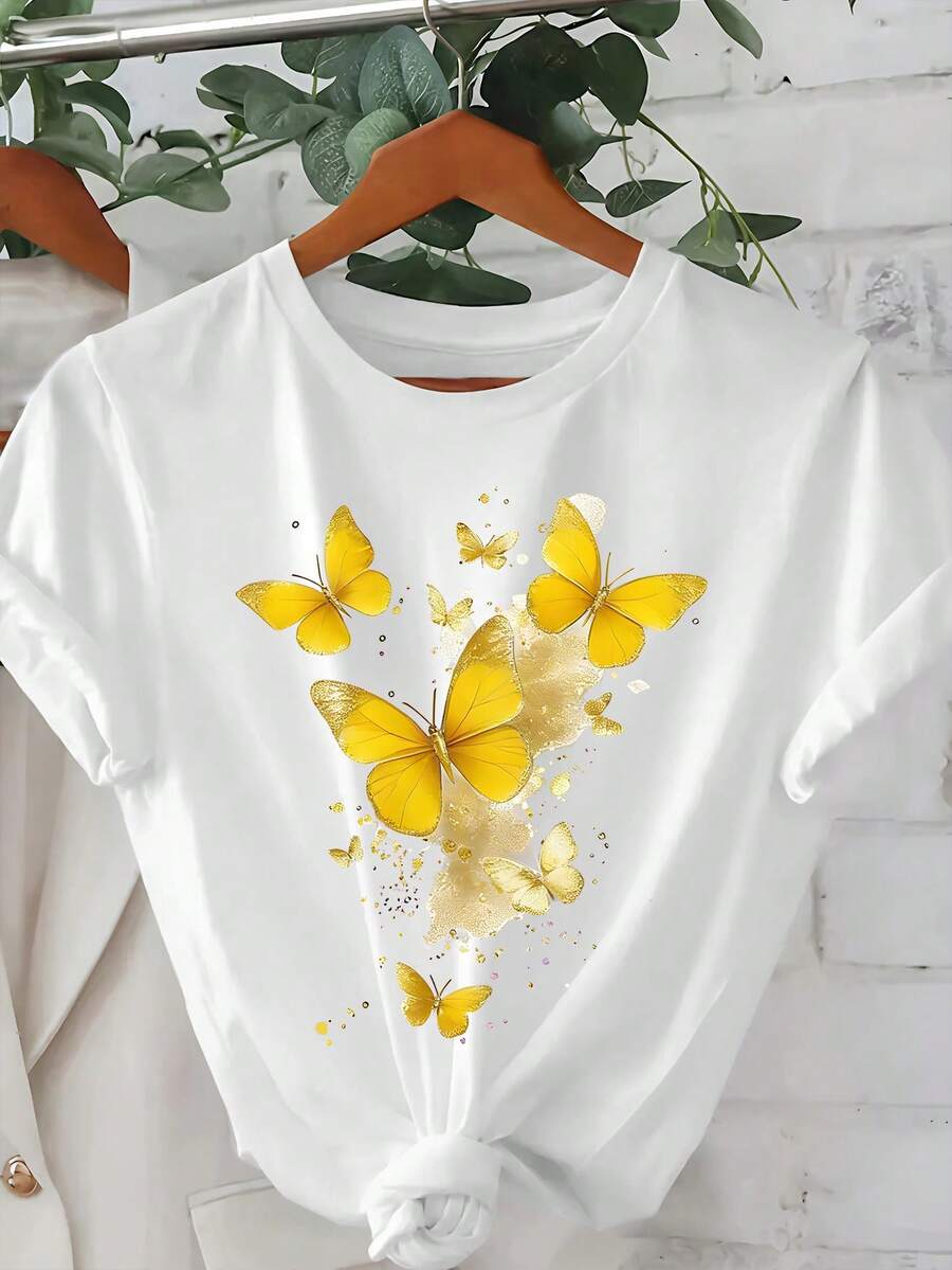 EMERY ROSE 女士圆领蝴蝶结印花休闲百搭日常短袖T恤 - 白色 - 查看 1