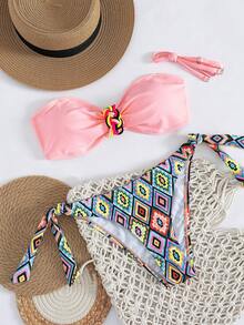 Swim Mod Swim Lushoire Neuankömmling Damen 2-teiliges elegantes Y2K scharfes Boho Pink&Schwarz Bandeau Bikini Set, geometrisches Druckmuster Bademode mit abnehmbarem Träger, geflochtene Knoten Detail vorne & Seitenbindung unten, romantische tropische Strandmode perfekt für Sommer Strandurlaube, Pool Partys & Resort Ausflüge, Musikfestivals, Hochzeitsferien - Verschiedenfarbig - Übersicht 5