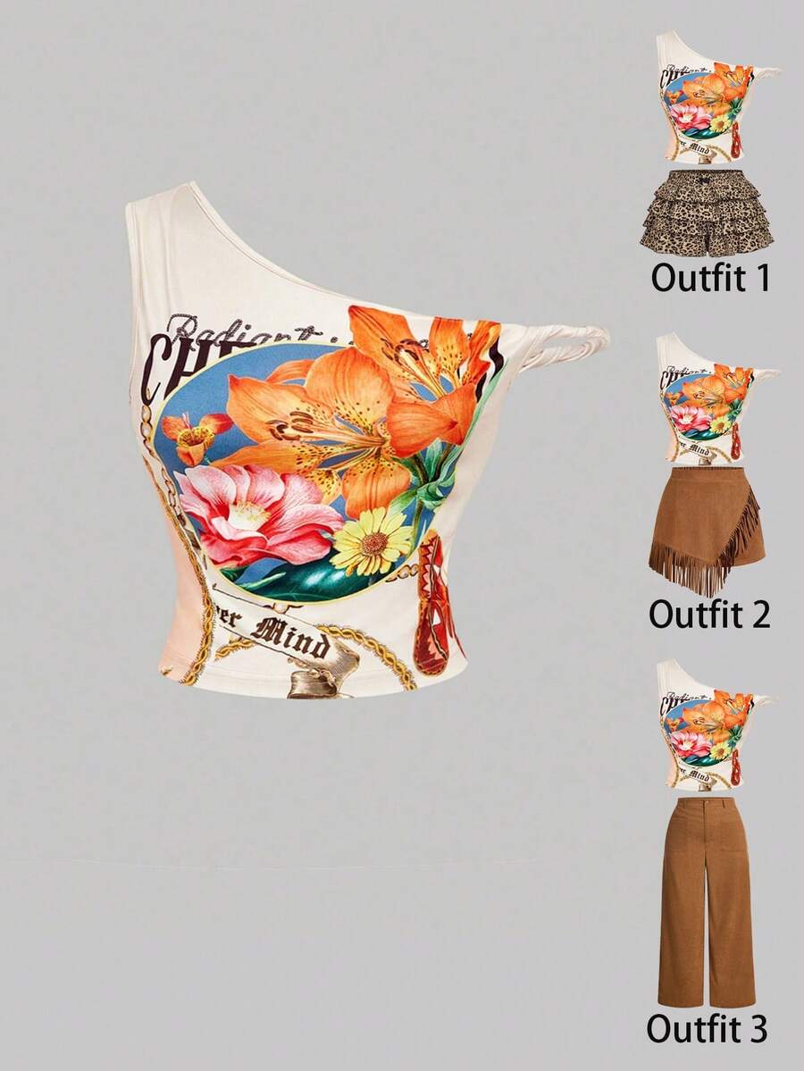 SHEIN MOD Áo kiểu dáng cỡ lớn màu mơ cổ điển, thiết kế bất đối xứng vai, xoắn nhẹ, thích hợp cho các chuyến đi chơi và kỳ nghỉ xuân/hè, áo mặc đi chơi, bộ trang phục mùa hè cho nữ, nhiều kiểu áo, phong cách Havana Nights. - Nhiều màu - Xem 1