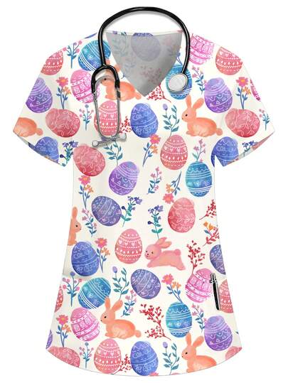 PopScrub 女士V领短袖双口袋卡通印花衬衫，适合护士/医生制服、健康检查/手术服、宠物美容服、营养师制服、实验服，多口袋功能性工作服，可爱又充满活力的节日服装