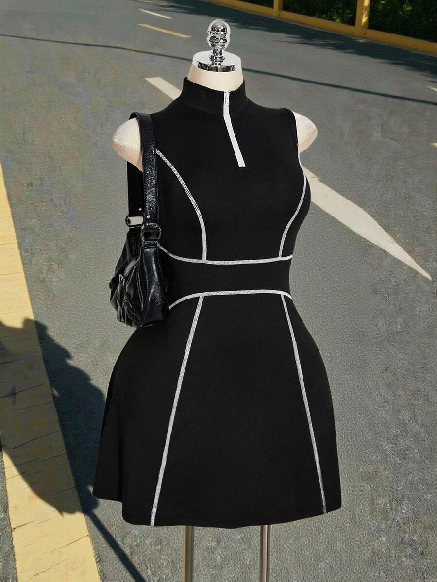 SHEIN ICON 大码女式网球裙，黑白撞色 - 黑色 - 查看 1