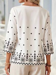 EMERY ROSE 女士休闲印花圆领七分袖衬衫 - 卡其色 - 查看 2