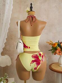 Swim Lushoire New Spring/Summer Lily Print Skirt Tankini Set With Drawstring Side Bottoms, Women's Low Waist Bikini - Multicolor - View 7