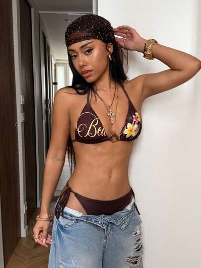 StreetHx Women's Brown 2 Pieces Set, Sexy Crop Top With Ring Decor And Printed Design, Suitable For Vacation, Travel, Beach, Bikini