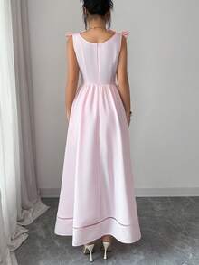 Selianne Women's Elegant Light Pink Summer Tea Party Long Dress,Square Collar Bowknot Shoulder Straps,Single-Breasted Flared Hem Vintage Wedding Guest Dress - Pink - View 2