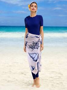 Swim Shayni 2pcs Modest Swimwear Set, Navy Blue Short Sleeve Swimwear & Coral Shell Print Sheer Wrap Skirt, Suitable For Beach & Holiday - Navy Blue - View 4