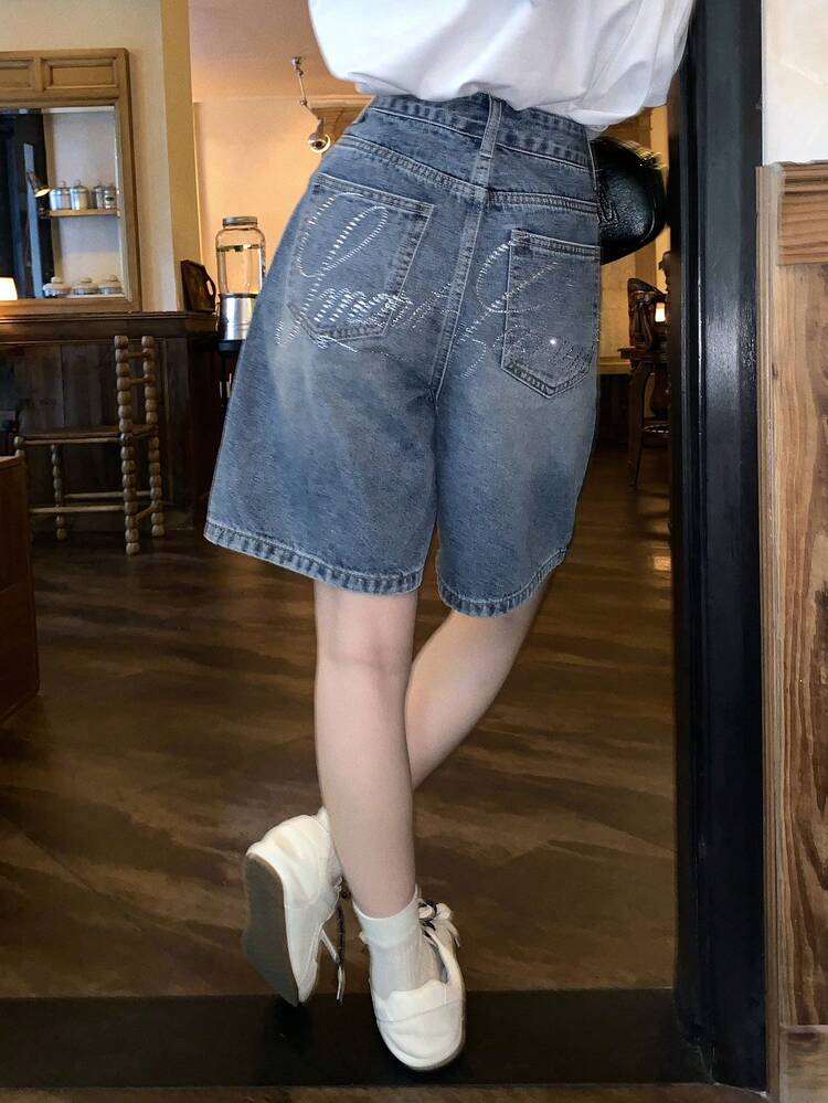 Women's Retro Washed Distressed Rhinestone Embellished Casual Denim Shorts Summer Jorts