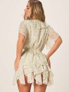 MISSGUIDED Women's Floral Print Short Sleeve V Neck Elastic Waist Ruffle Tiered Mini Dress Summer Boho Casual Day Dress - Multicolor - View 3
