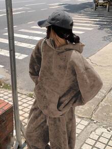 DAZY Set de 2 piezas: Sudadera con capucha casual de estilo coreano y pantalón de chándal holgado para mujer - Café integral - Ver 6