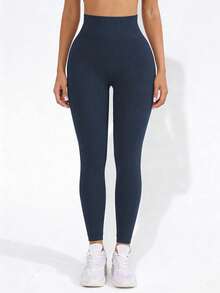 Easithlete 1 szt. Damskie, bezszwowe, elastyczne, modelujące legginsy w kolorze granatowym, z wysokim stanem, wygodne do jogi, golfa, biegania, jazdy na rowerze, fitnessu, na świeżym powietrzu, do uprawiania sportów rekreacyjnych, odpowiednie na wiosnę, lato, jesień i zimę - Granatowy - Zobacz 2