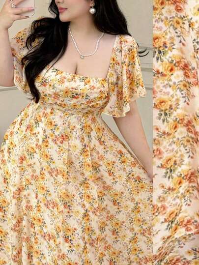 Vibekara French Vintage Floral Print Loose Swing Dress, Elegant Summer Vacation Dress Floral Summer Dress Autumn Dress Yellow Flowery Dress Easter Flower Dress Woman Cottagecore Dress