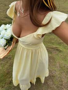 Livesso Summer Vacation Outfit Yellow Cap Sleeve V-Neck Solid Color Mid-Length Dress For Women Boho Sun Dresses For Women - Pale Yellow - View 1