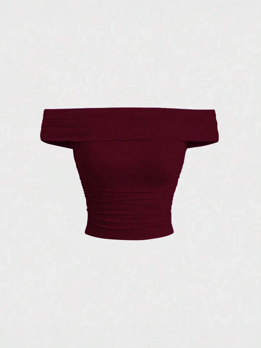 Sweetra Women's Summer Solid Color Burgundy Red Ruched Slim Fit Off Shoulder T-Shirt Top Y2K - Red Violet - View 1