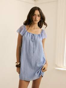 SHEIN Aralina-E Đầm mini babydoll dễ thương dành cho nữ mùa hè, chất liệu vải nhăn, thích hợp đi dự tiệc hoặc đi biển. - Xanh đậm - Xem 5