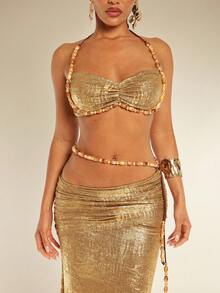 Silquee 女士度假沙滩性感金属串珠装饰露背吊带上衣和迷你裙两件套 - 金色 - 查看 5
