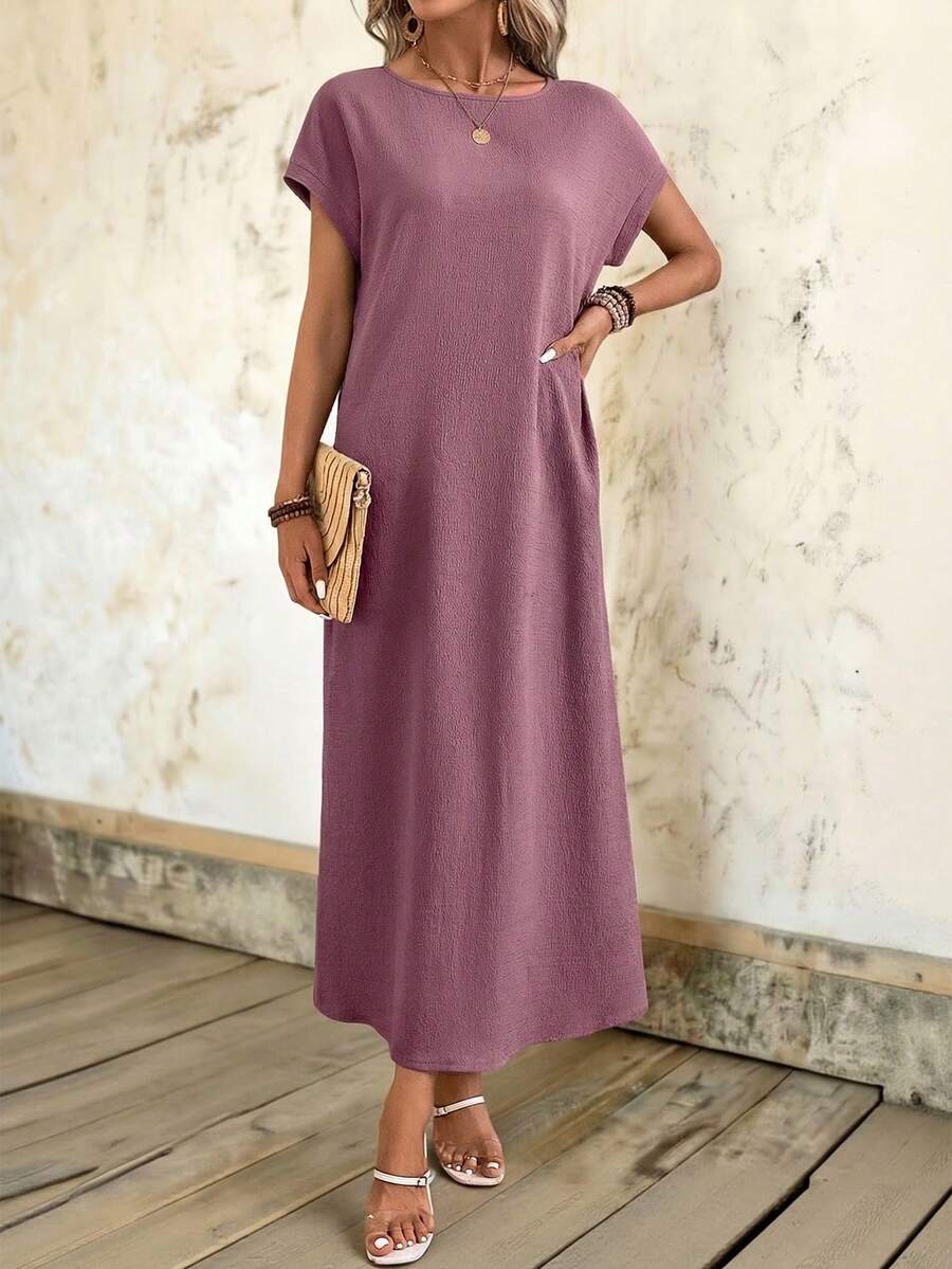 EMERY ROSE 女士纯色圆领蝙蝠袖短袖宽松休闲连衣裙 - 淺灰紫 - 查看 1