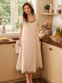 Women's Romantic Floral Print Plaid Frill Trim Square Neck Loose Nightgown - Green - View 3
